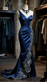 Classy Style Mermaid One Shoulder Navy Satin Ruffle Embroidered Hem Slit Long Prom Dress, Evening Dress HZ1024