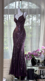Grape Mermaid Spaghetti Straps Chiffon Sequin Long Prom Dress, Evening Dress HZ1024