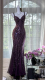Grape Mermaid Spaghetti Straps Chiffon Sequin Long Prom Dress, Evening Dress HZ1024
