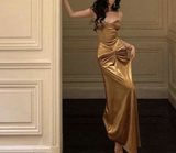 Golden Mermaid Spaghetti Straps Pleated Satin Long Prom Dress, Evening Dress HZ1024