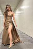 Pretty A Line Strapless Pleated Satin Slit Long Prom Dress, Evening Dress HZ1024