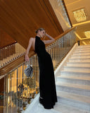 Charming Mermaid Black Halter Satin Backless Long Prom Dress, Evening Dress HZ1024