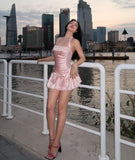 Chic Sheath Satin Short Pink Homecoming Dress 18th Birthday Outfits HZ1024