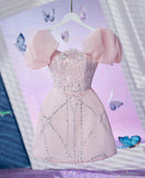 Cute A line Puffy Sleeves Short Pink Homecoming Dress 19th Birthday Outfits HZ1024