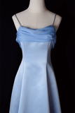 Vintage A Line Spaghetti Straps Blue Long Prom Dresses HZ1024