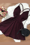 simple burgundy sleeveless v-neck fashion dress homecoming dresses HZ1024