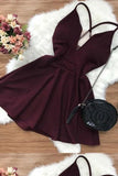 simple burgundy sleeveless v-neck fashion dress homecoming dresses HZ1024
