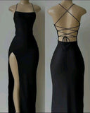 Sexy Sheath Spaghetti Straps Black Slit Backless Long Prom Dress HZ1024
