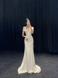 Chic Mermaid Off The Shoulder Short Sleeves Long Satin Wedding Dresses HZ1024