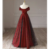 Sexy A line Off The Shoulder Burgundy Tulle Long Prom Dress HZ1024
