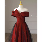 Sexy A line Off The Shoulder Burgundy Tulle Long Prom Dress HZ1024