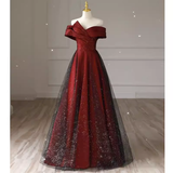 Sexy A line Off The Shoulder Burgundy Tulle Long Prom Dress HZ1024