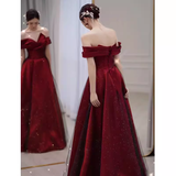 Sexy A line Off The Shoulder Burgundy Tulle Long Prom Dress HZ1024