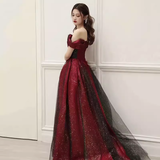 Sexy A line Off The Shoulder Short Sleeves Burgundy Tulle Long Prom Dress HZ1024