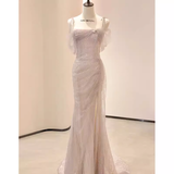 Sexy Mermaid Spaghetti Straps Pink Tulle Long Prom Dress HZ1024