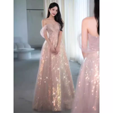 Sexy A Line Off The Shoulder Pink Tulle Long Prom Dresses HZ1024