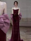 Sexy Mermaid Straps Velvet Burgundy Long Prom Dresses HZ1024