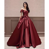Sexy A Line Off The Shoulder Satin Burgundy Long Prom Dresses HZ1024