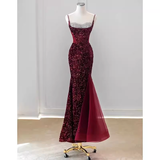Sexy Mermaid Spaghetti Straps Sequin Burgundy Long Prom Dresses HZ1024