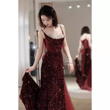 Sexy Mermaid Spaghetti Straps Sequin Burgundy Long Prom Dresses HZ1024