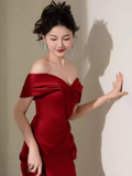 Sexy Mermaid Off The Shoulder Short Sleeves Satin Burgundy Prom Dresses HZ1024