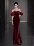 Sexy Mermaid Off The Shoulder Short Sleeves Velvet Burgundy Prom Dress HZ1024