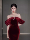 Sexy Mermaid Off The Shoulder Short Sleeves Velvet Burgundy Prom Dress HZ1024