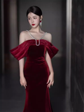 Sexy Mermaid Off The Shoulder Short Sleeves Velvet Burgundy Prom Dress HZ1024