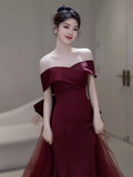 Sexy Mermaid Off The Shoulder Short Sleeves Burgundy Prom Dress Satin Birthday Outfits HZ1024