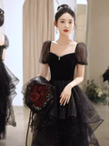 Sexy A Line Short Sleeves Black Prom Dress Tulle Birthday Outfits HZ1024