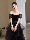 Sexy A Line Short Sleeves Black Prom Dress Tulle Birthday Outfits HZ1024