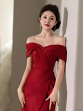Modest Mermaid Off The Shoulder Satin Red Prom Dress Long Evening Dress HZ1024