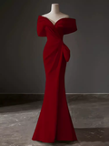 Modest Mermaid Off The Shoulder Satin Red Prom Dress Long Evening Dress HZ1024