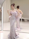 Modest Memaid Off The Shoulder Satin Sequin Prom Dress Long Evening Dress HZ1024
