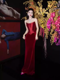 Simple A Line Strapless Wine Red Long Prom Dresses HZ1024