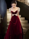 Simple A Line Short Sleeves Velvet Burgundy Long Prom Dresses HZ1024