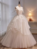 Modest Ball Gown Off The Shoulder Short Sleeves White Tulle Long Prom Dress HZ1024