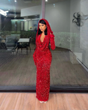 Sexy Mermaid Halter Red Sequin Long Prom Dress With Gloves HZ1024