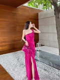 Sexy Sheath One Shoulder Slit Chiffon Long Prom Dress With Ruffles HZ1024