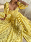 Sexy A Line Square Neckline Lace Yellow Long Prom Dresses HZ1024