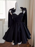 Sexy A line Straps Black Satin Birthday Outfit Homecoming Dresses HZ1024