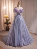 Fairytale A Line Off The Shoulder Short Sleeves Tulle Long Prom Dress HZ1024
