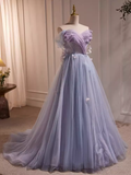 Fairytale A Line Off The Shoulder Short Sleeves Tulle Long Prom Dress HZ1024