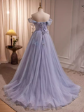 Fairytale A Line Off The Shoulder Short Sleeves Tulle Long Prom Dress HZ1024