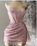 Sexy Sheath Strapless Pink Sequin Homecoming Dresses Short Birthday Outfits HZ1024