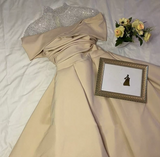 Elegant A-Line Evening Gown Elegant Dress Formal Floor Length Short Sleeve Illusion Neck Satin with Ruched Beading Prom Dress HZ1024