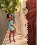 16th Birthday Off The Shoulder Homecoming Dresses Tiffany Blue Mini Bowknot Party Dress HZ1024