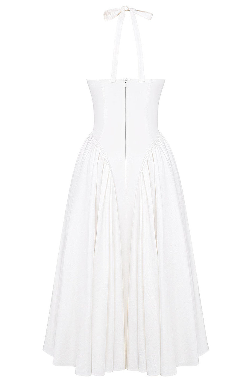 Vintage A line Halter White Satin Evening Dress Ankle Length Prom Dresses HZ1024
