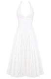 Vintage A line Halter White Satin Evening Dress Ankle Length Prom Dresses HZ1024
