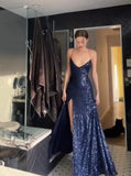 Pretty Sheath Spaghetti Straps Slit Navy Blue Sequin Prom Dresses Evening Dress HZ1024